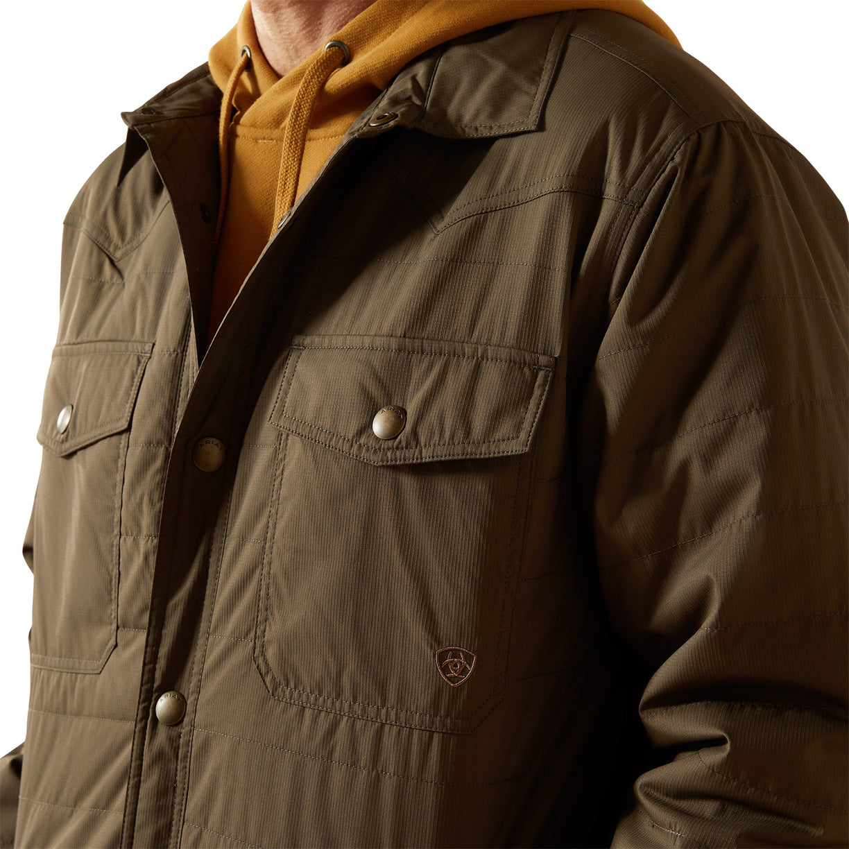 Brown jacket with a visible brand logo on a white background