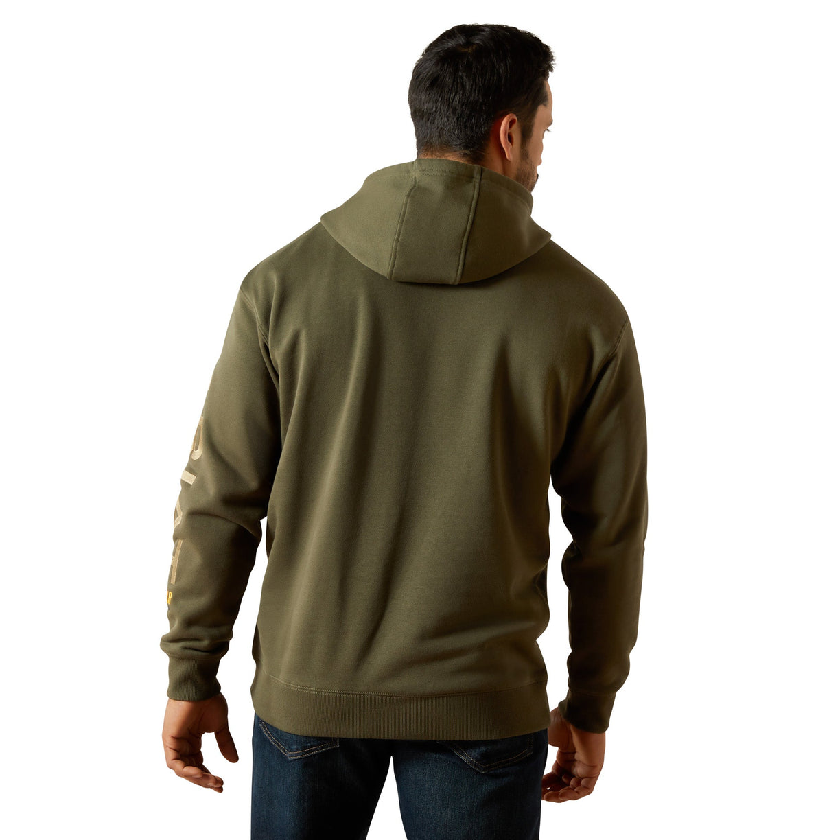 Person wearing a green hoodie on a white background
