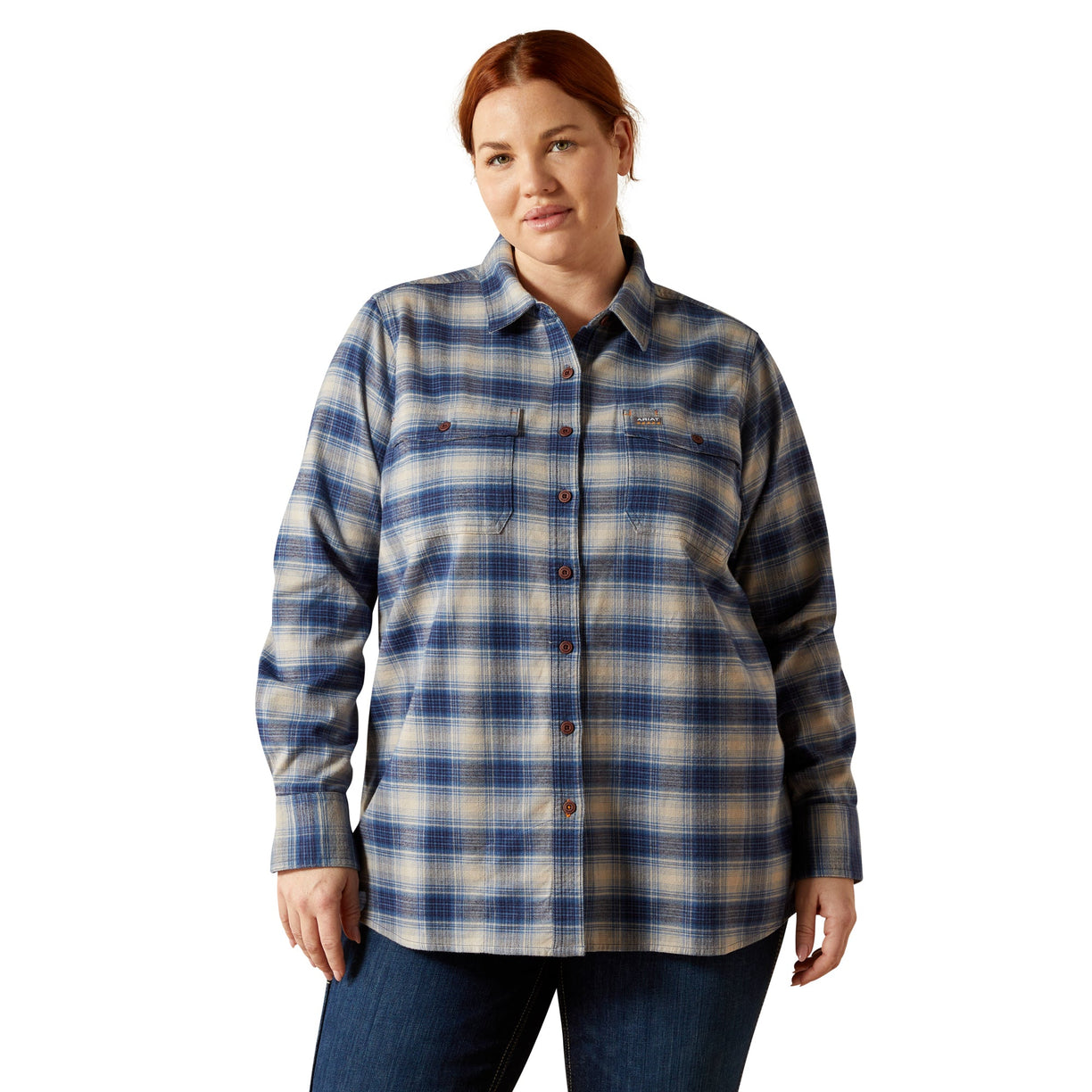 Person wearing a blue and beige plaid shirt on a white background