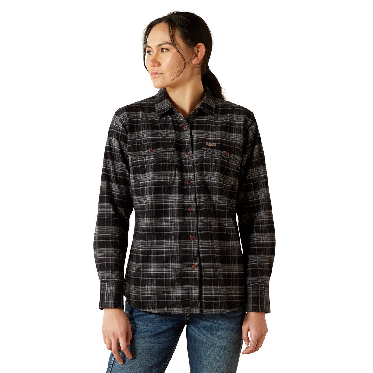 Person wearing a plaid shirt on a white background