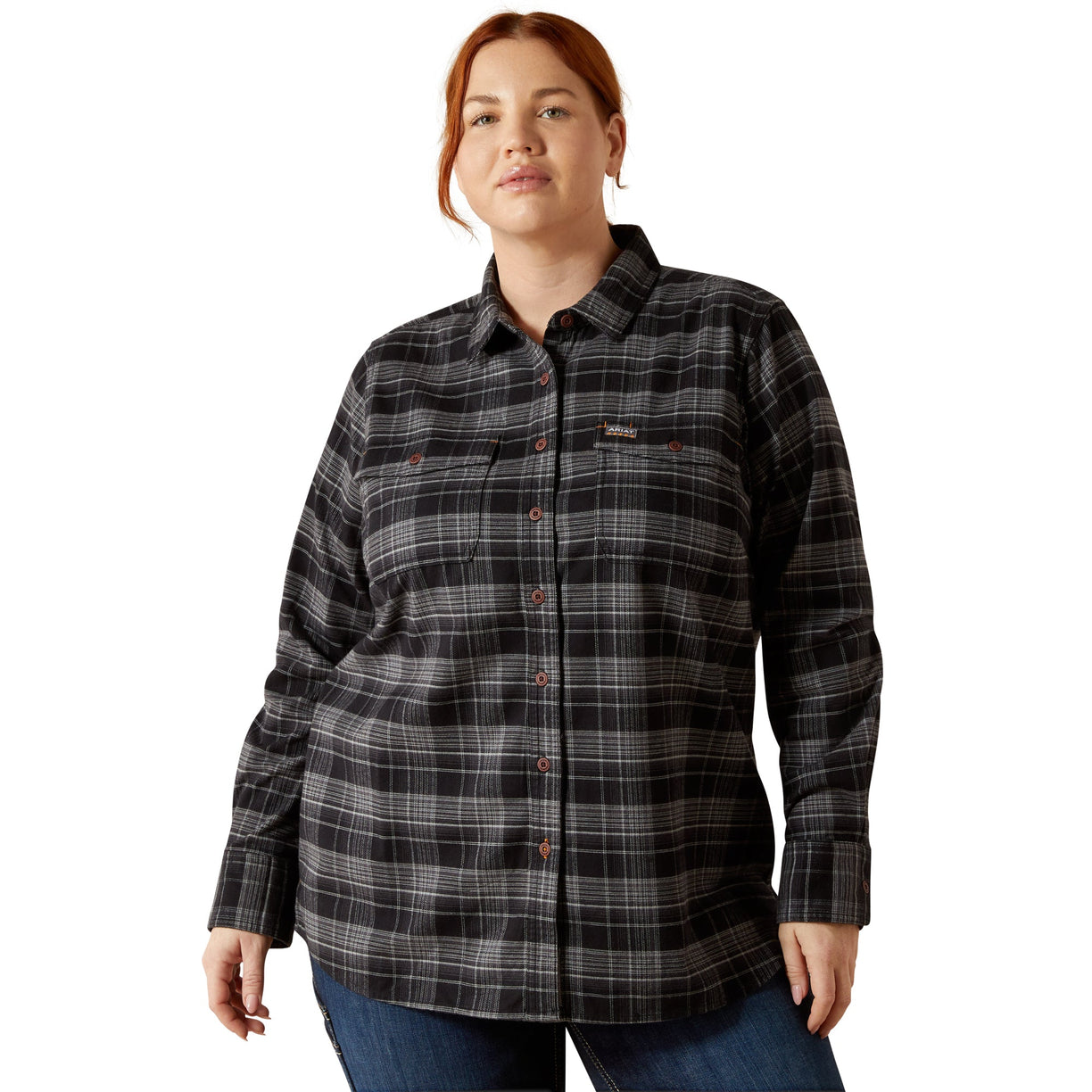 Woman wearing a plaid shirt on a white background