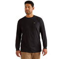 Man wearing a black long-sleeve shirt with a logo on a white background