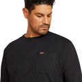 Man wearing a black t-shirt with a logo on a white background
