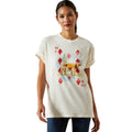 Woman wearing a white t-shirt with a graphic design on a white background