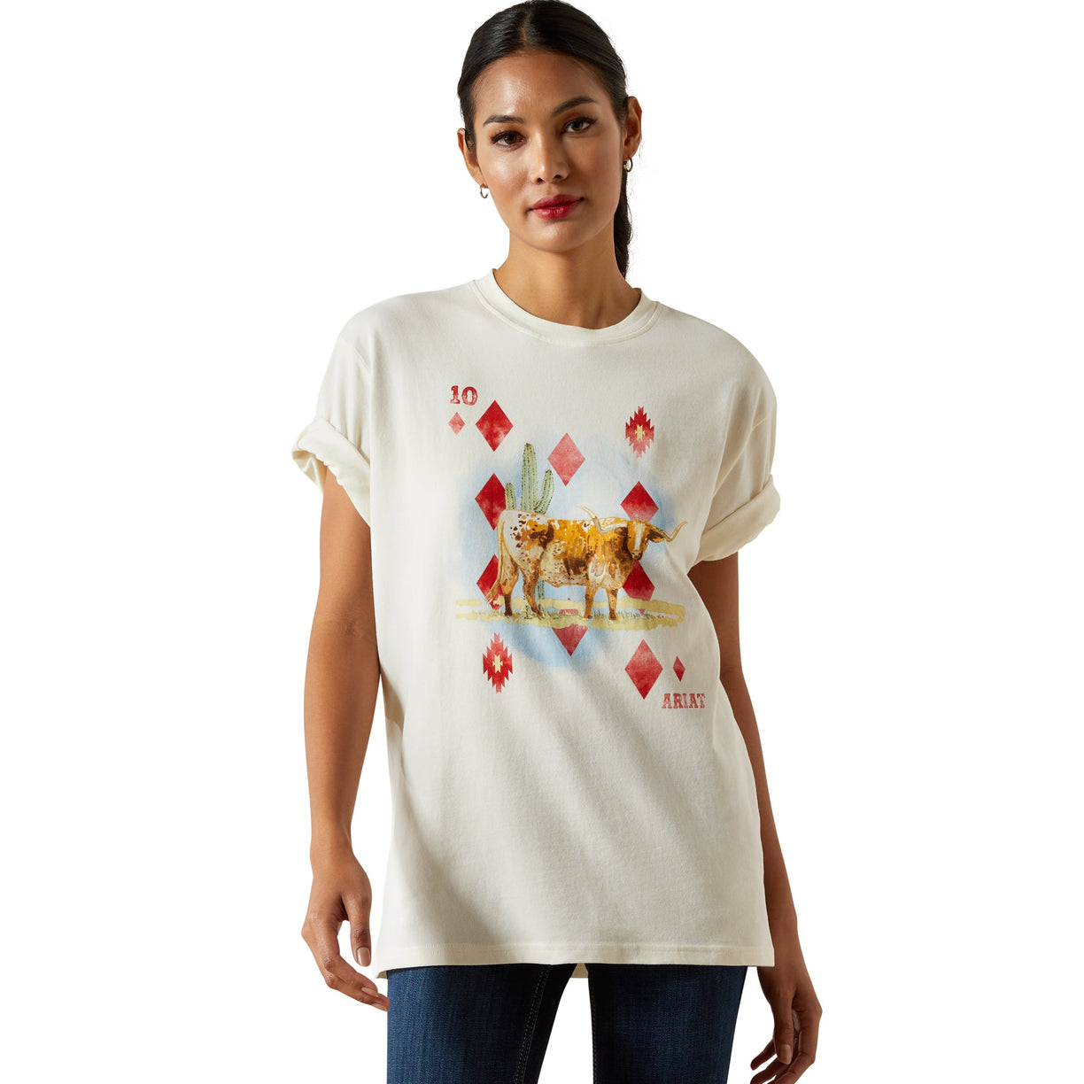 Woman wearing a white t-shirt with a graphic design on a white background