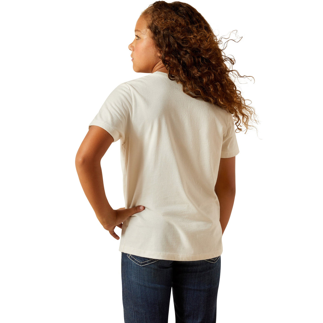 Person wearing a plain white t-shirt on a white background