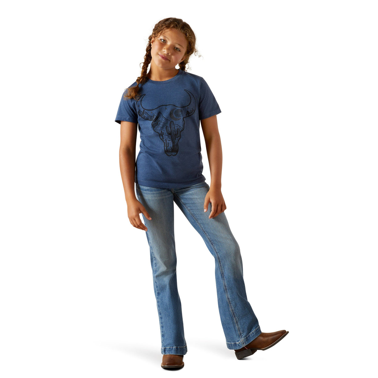Person wearing a blue t-shirt and jeans on a white background