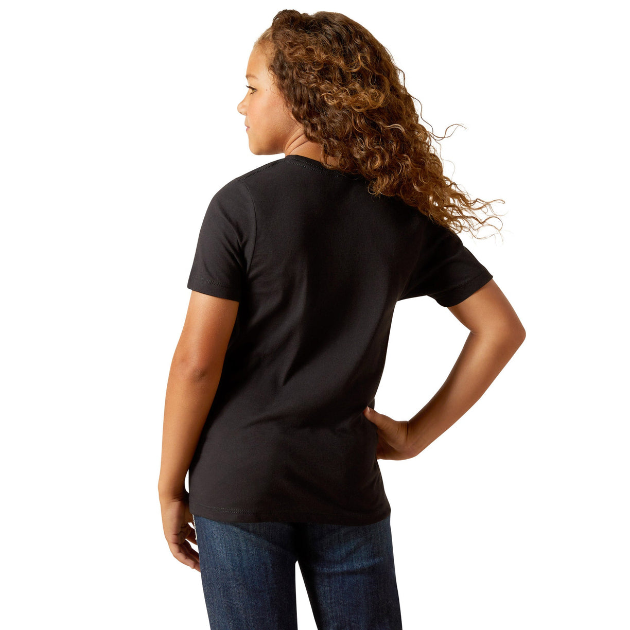 Person wearing a black t-shirt on a white background