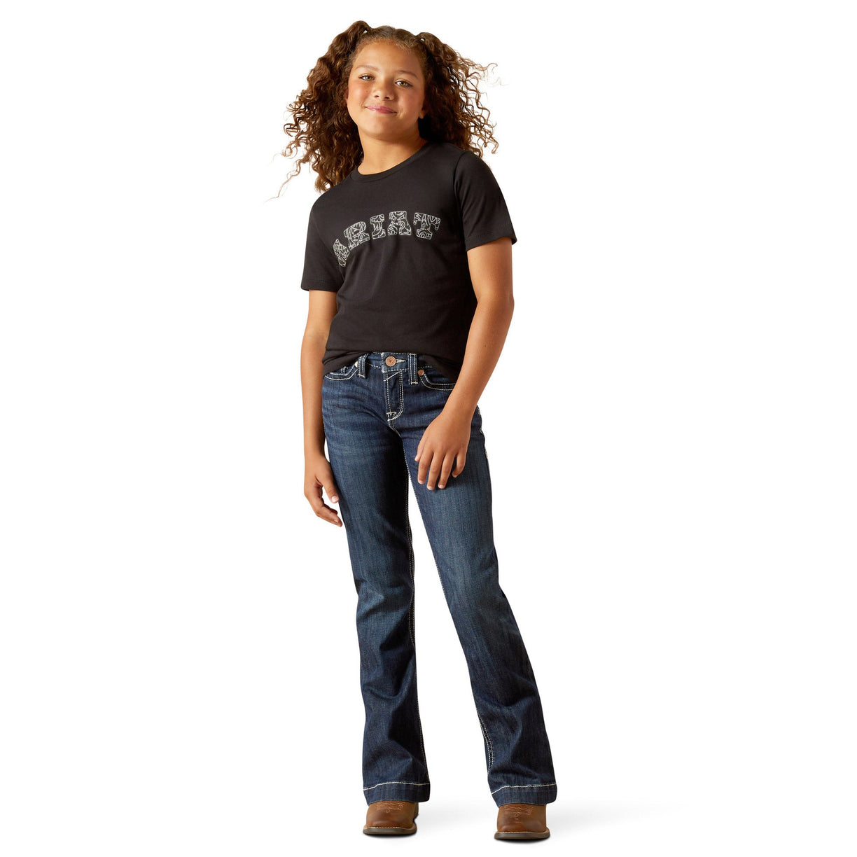 Person wearing a black t-shirt and blue jeans on a white background