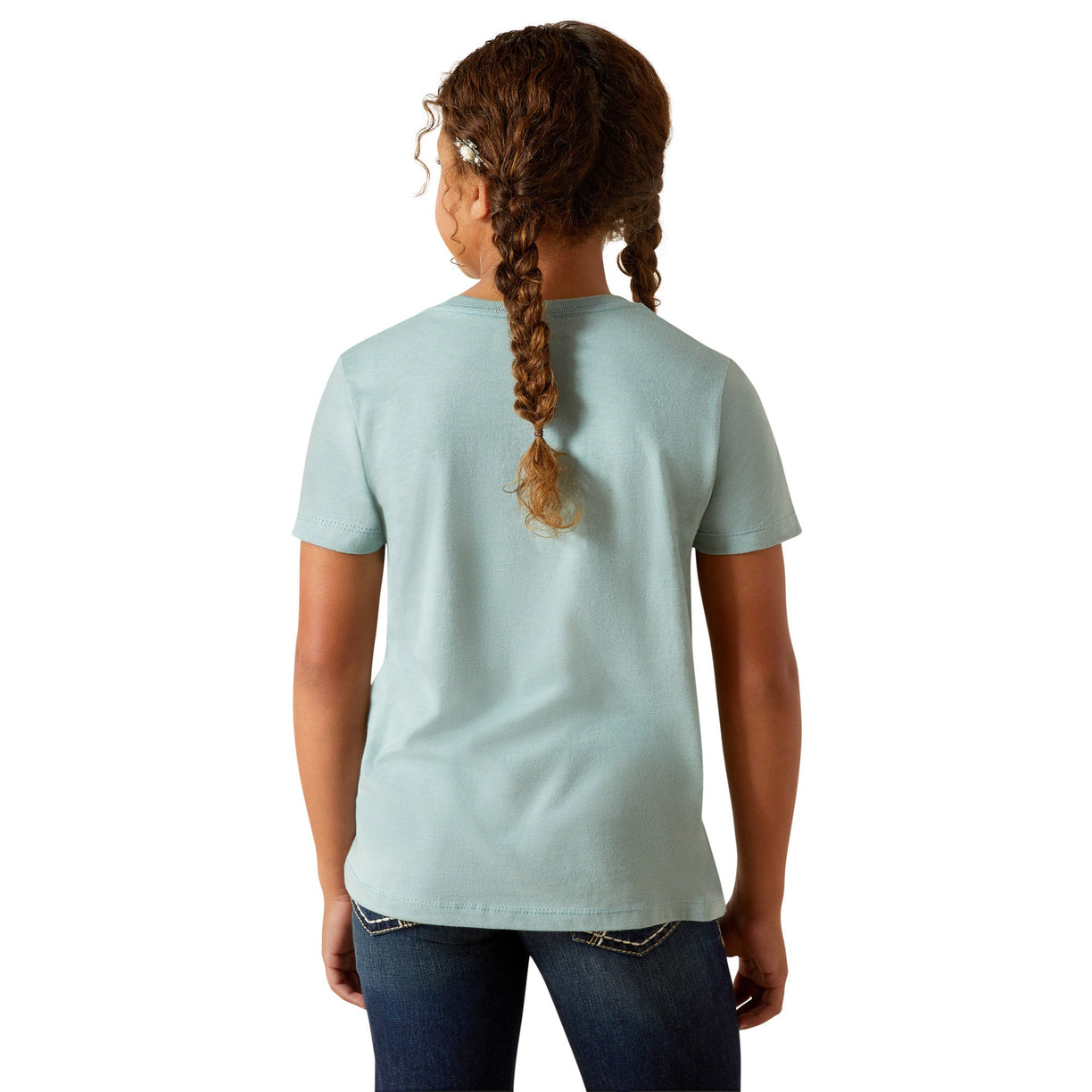 Person wearing a light blue t-shirt on a white background
