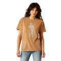 Woman wearing a brown t-shirt with a graphic design on a white background
