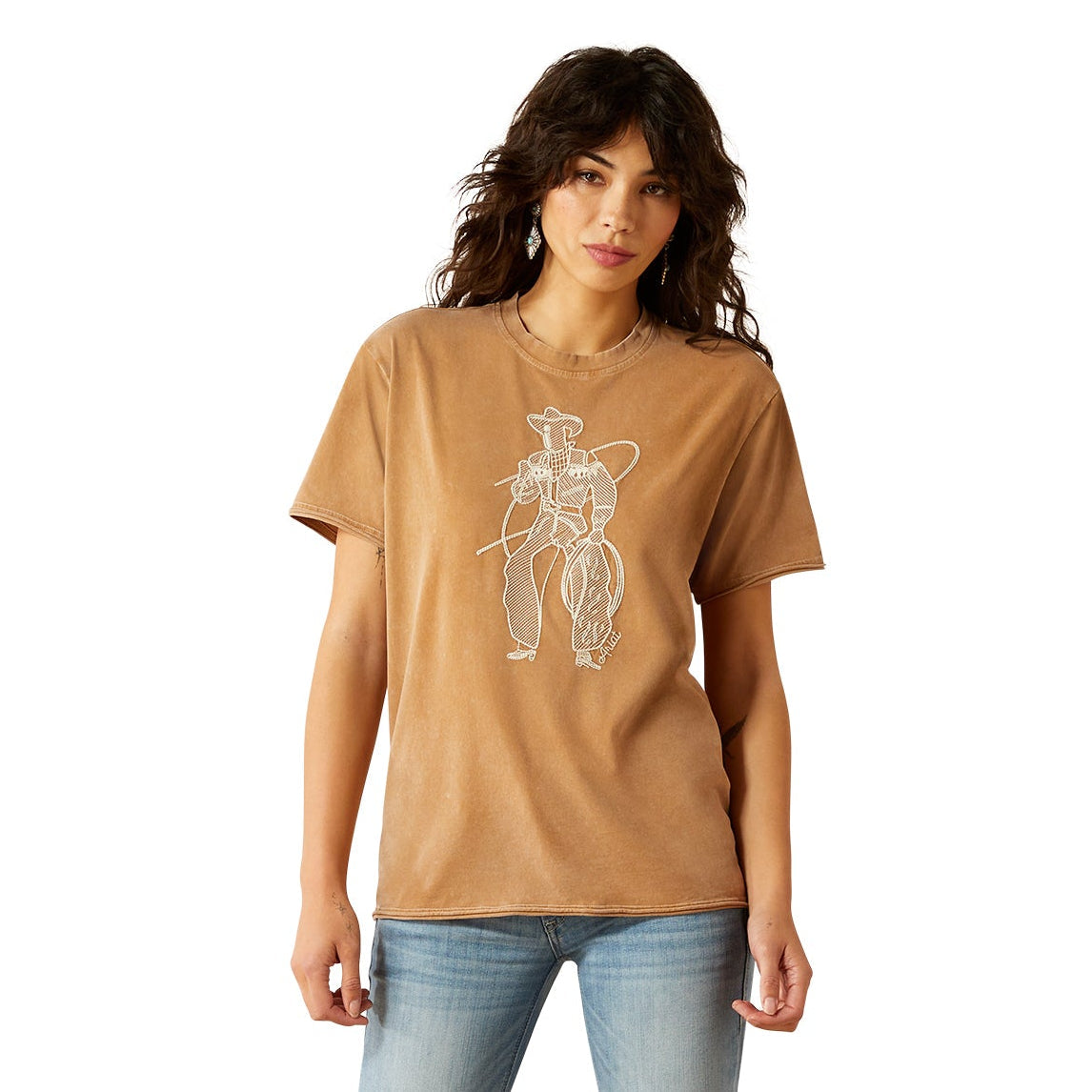Woman wearing a brown t-shirt with a graphic design on a white background