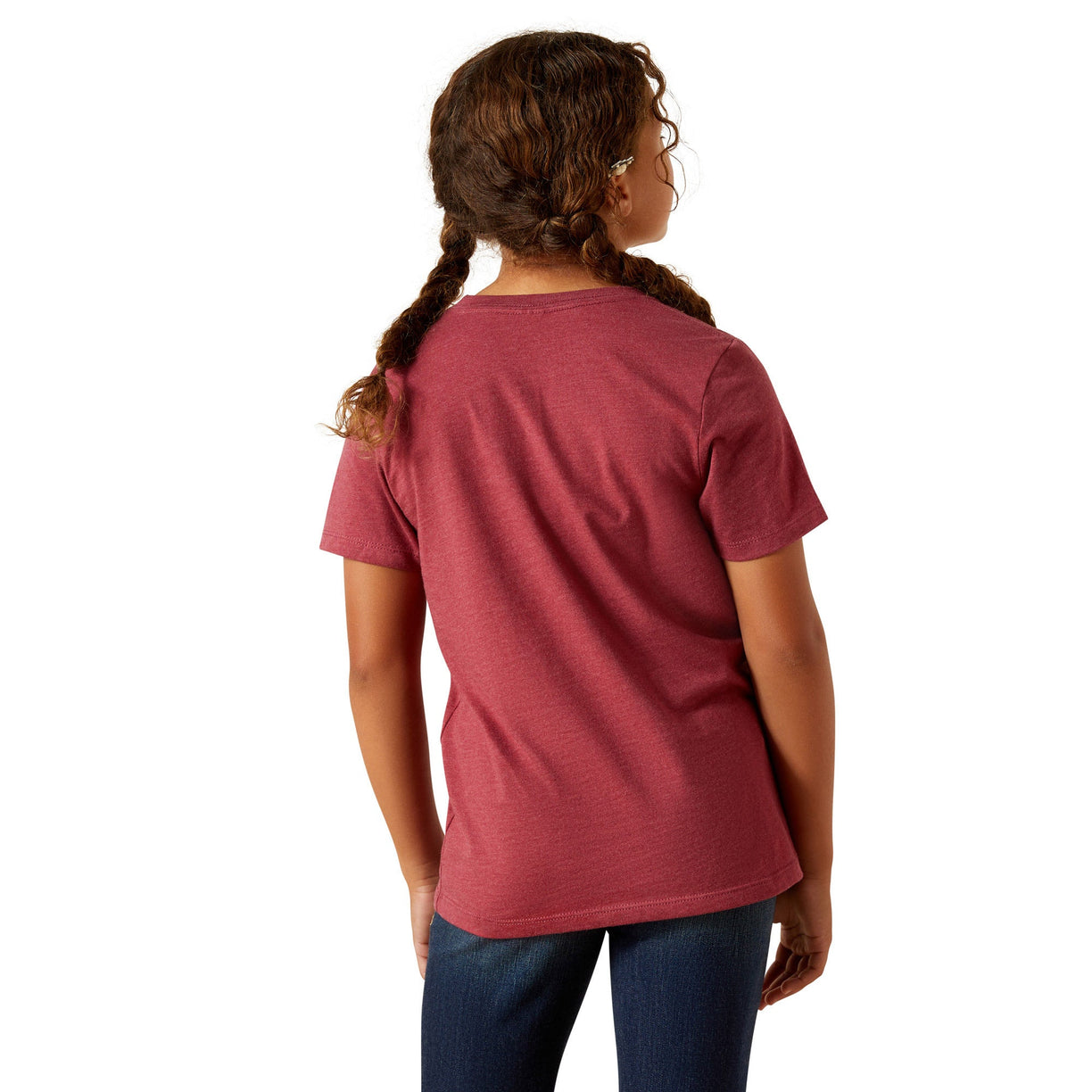 Person wearing a maroon t-shirt on a white background
