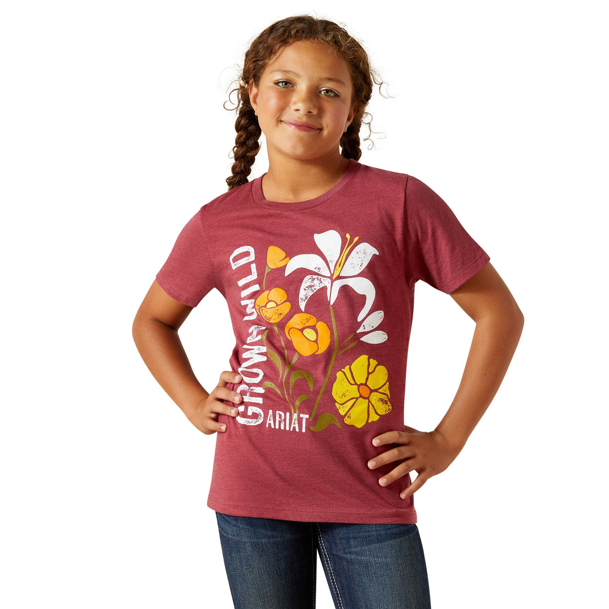 Young girl wearing a maroon t-shirt with floral design and text on a white background
