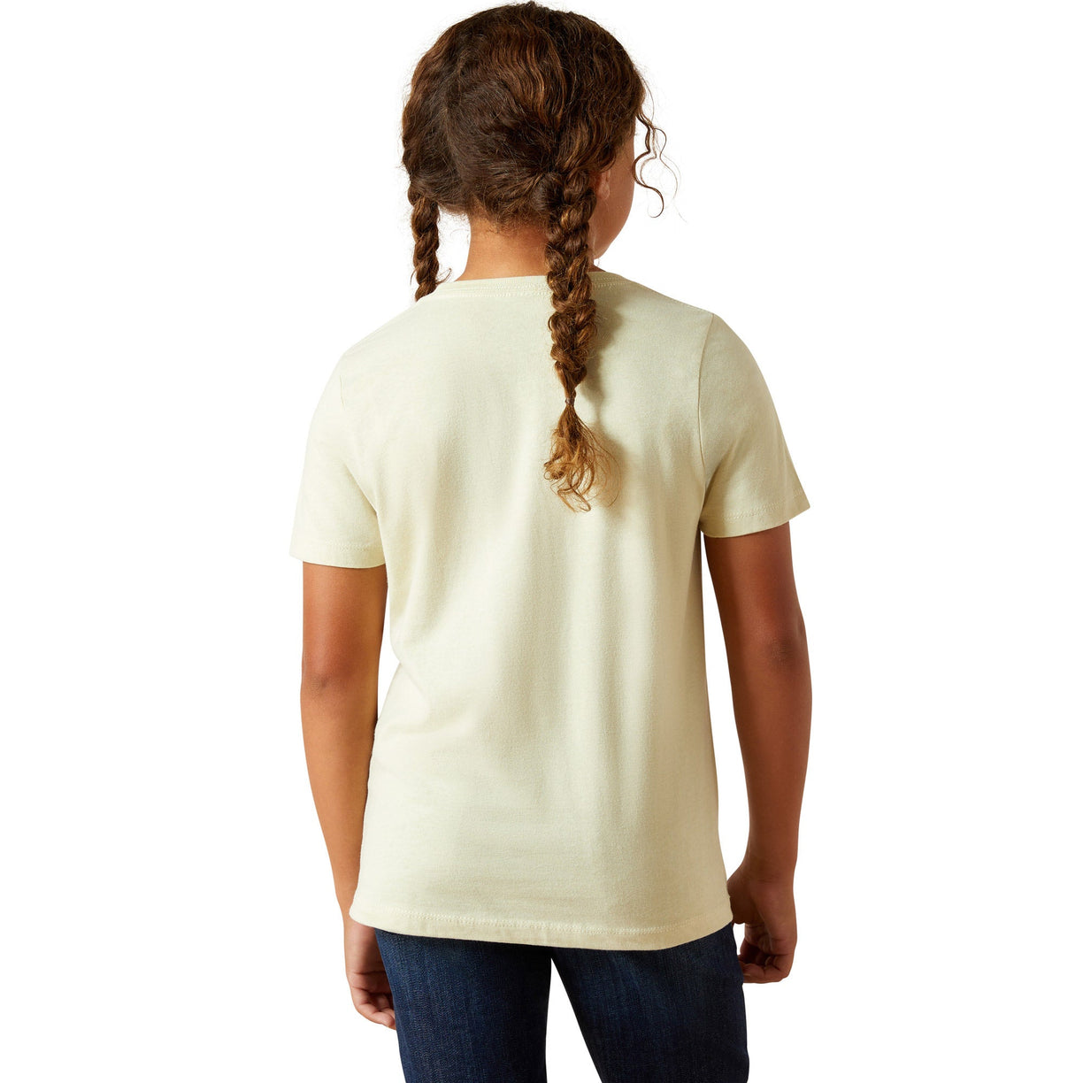 Person wearing a light-colored t-shirt on a white background