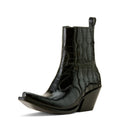 A single black ankle boot with a pointed toe, textured crocodile-embossed leather panels, and a wedge heel, shown against a plain white background.