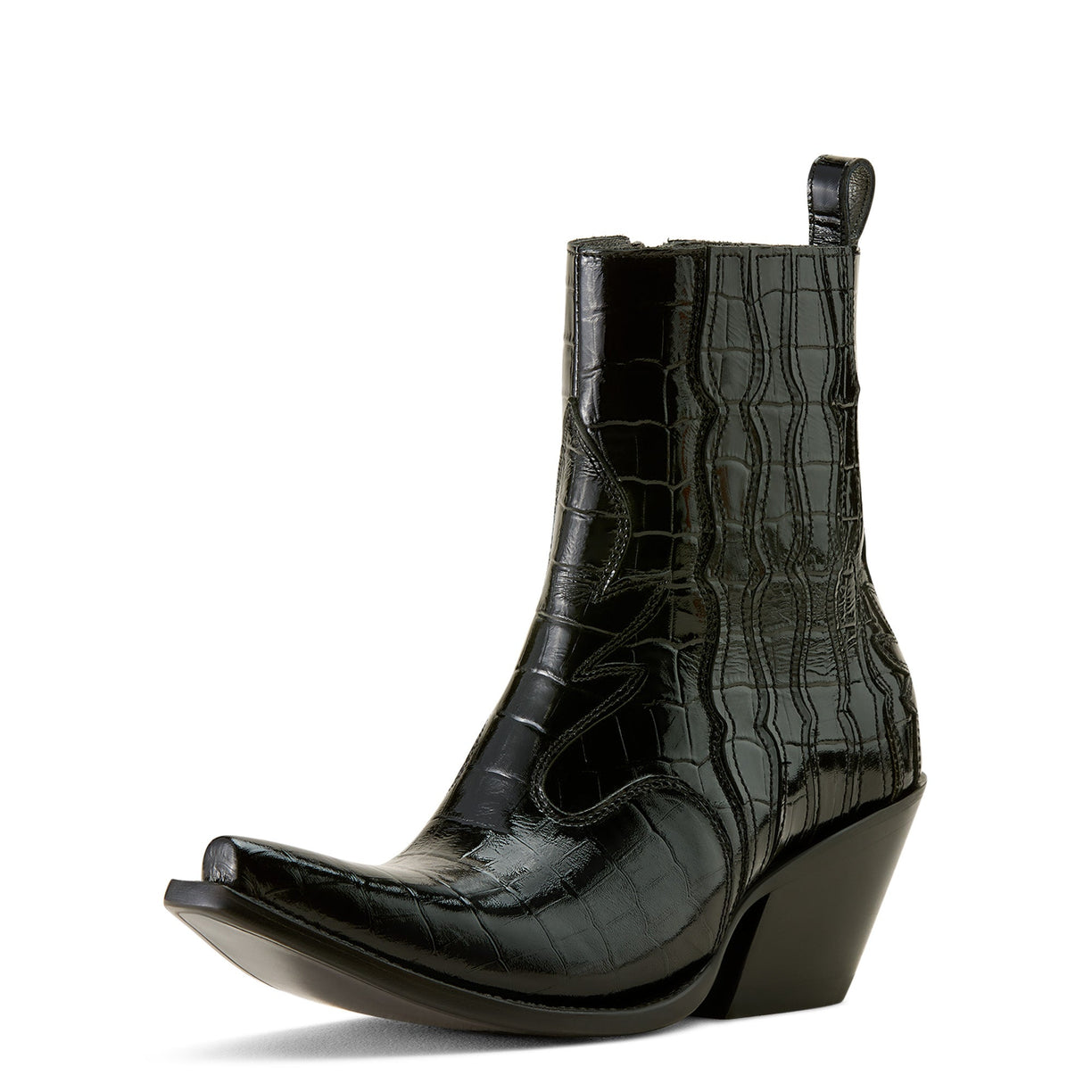 A single black ankle boot with a pointed toe, textured crocodile-embossed leather panels, and a wedge heel, shown against a plain white background.