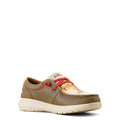 Brown shoe with red laces on a white background