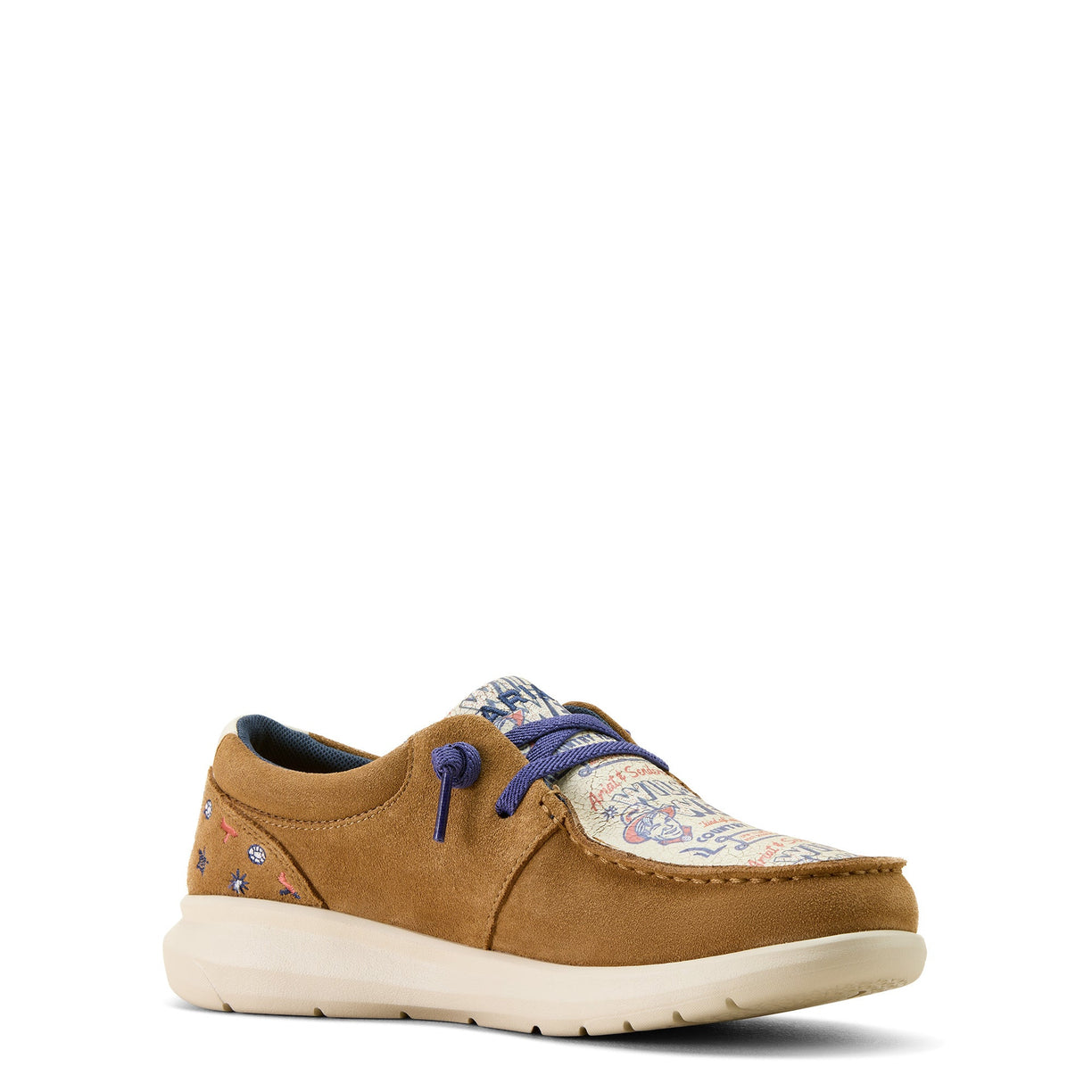 Brown casual shoe with floral pattern on a white background