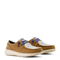 Pair of brown sneakers with floral patterns and blue laces on a white background