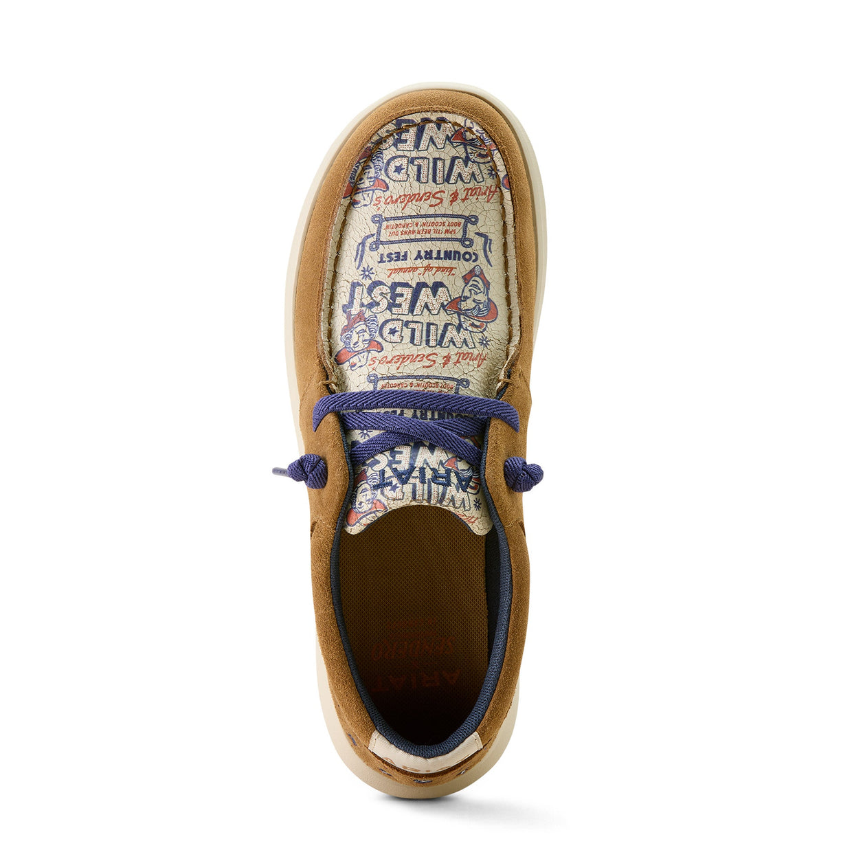 Brown shoe with blue laces and colorful sole on a white background