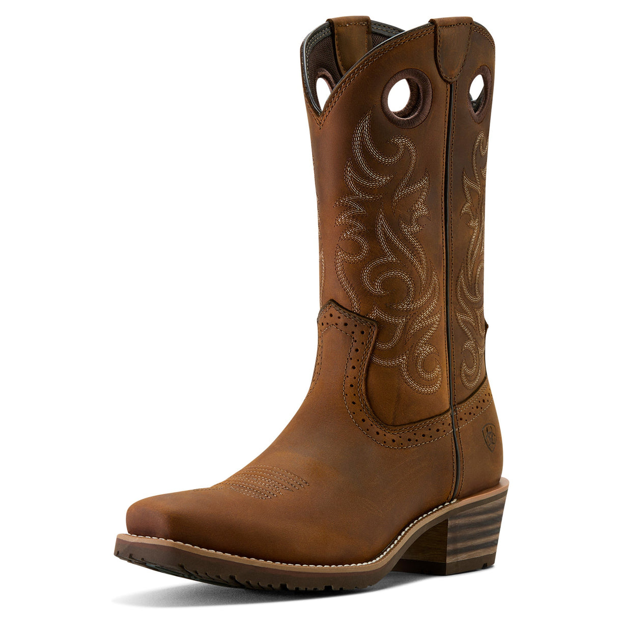 Brown cowboy boot with intricate stitching on a white background