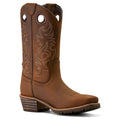 Brown cowboy boot with intricate stitching on a white background