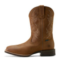 Brown cowboy boot with intricate stitching on a white background