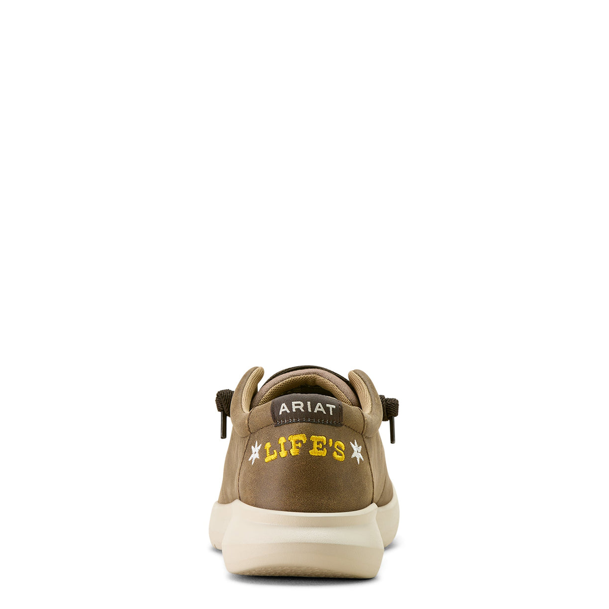 Brown Ariat shoe with 'LIFE'S' text on a white background