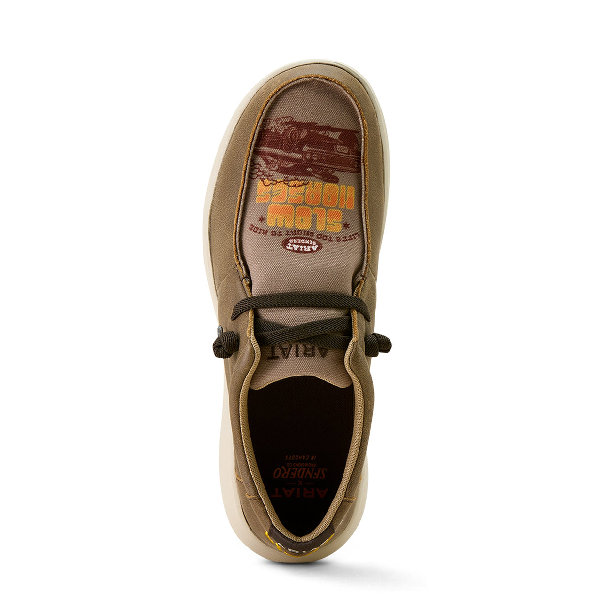 Tan shoe with brand logo on a white background