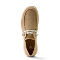 Beige boat shoe with white laces on a white background