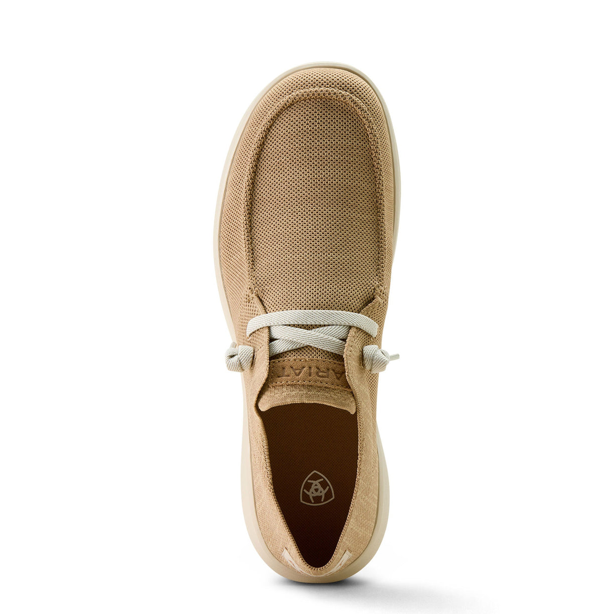 Beige boat shoe with white laces on a white background