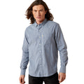 Man wearing a blue checkered shirt on a white background