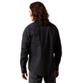 Person wearing a black patterned shirt on a white background