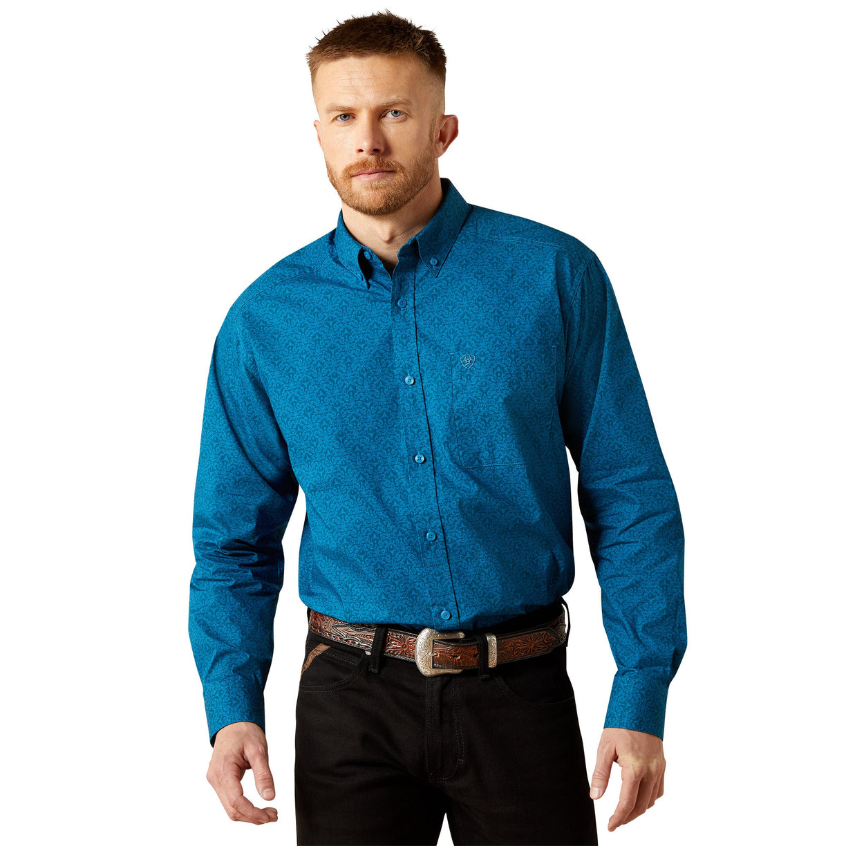 Man wearing a blue patterned shirt on a white background