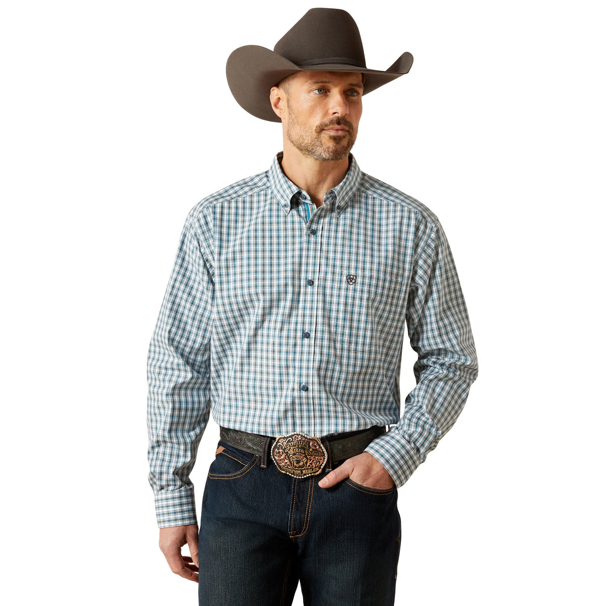 Man wearing a checkered shirt, jeans, and a cowboy hat on a white background