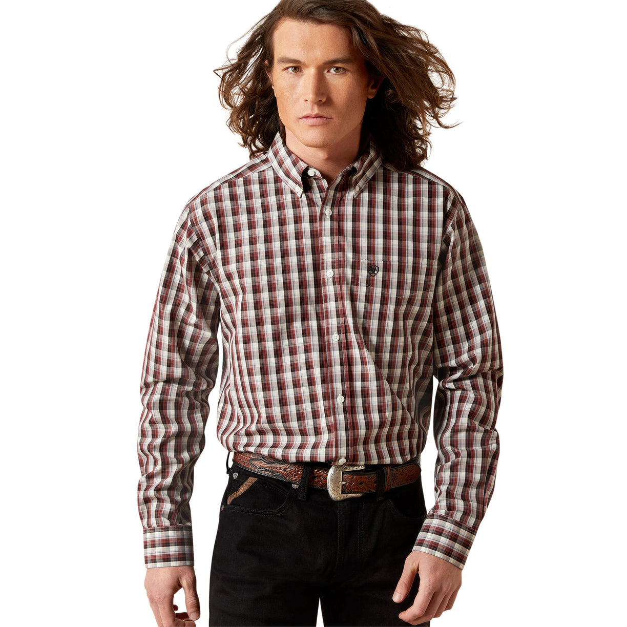 Man wearing a red and white checkered shirt on a white background