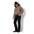Person wearing a plaid shirt, black pants, and a cowboy hat on a white background