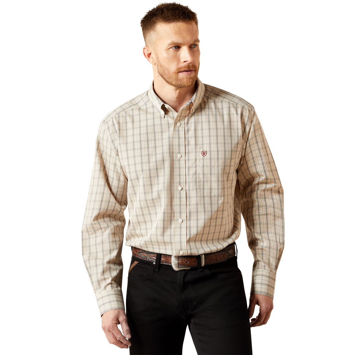 Man wearing a plaid shirt and black pants on a white background