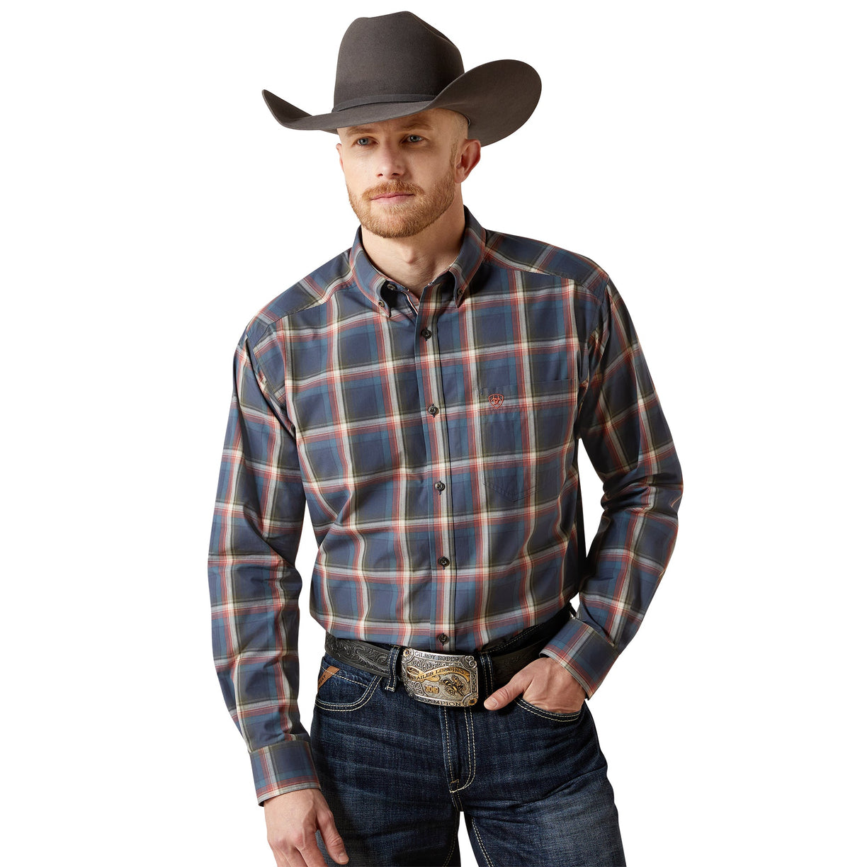 Man wearing a plaid shirt, jeans, and a cowboy hat on a white background