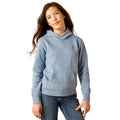 Person wearing a light blue hoodie with a small red heart on a white background