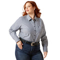Woman wearing a striped shirt and jeans on a white background