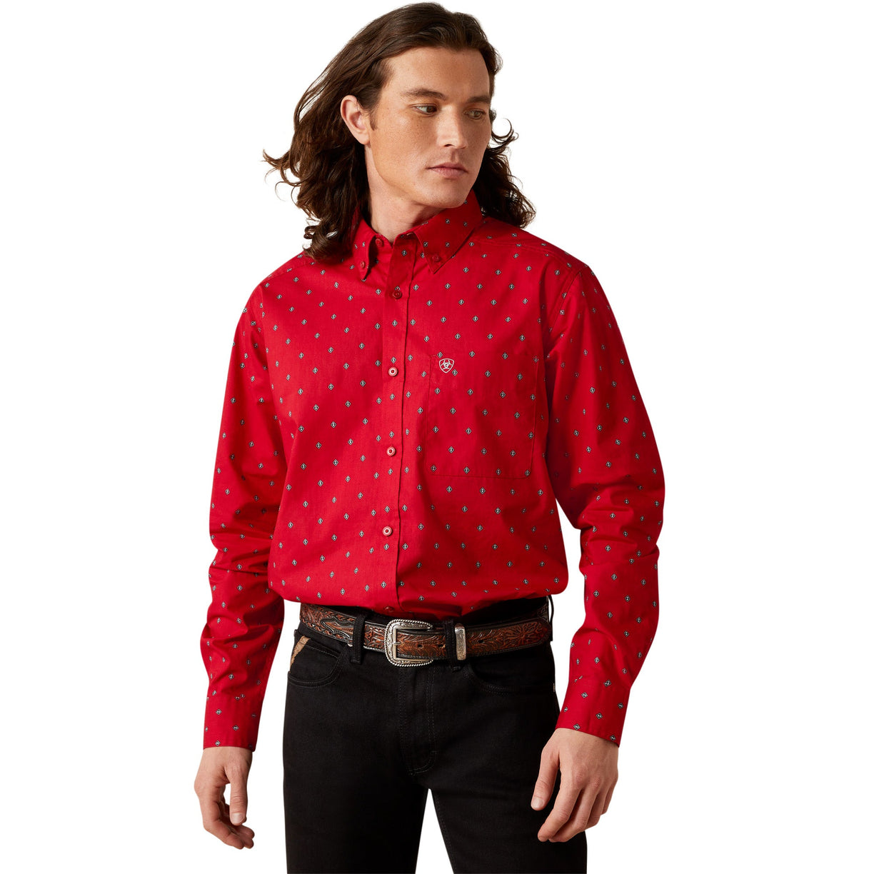 Man wearing a red patterned shirt on a white background