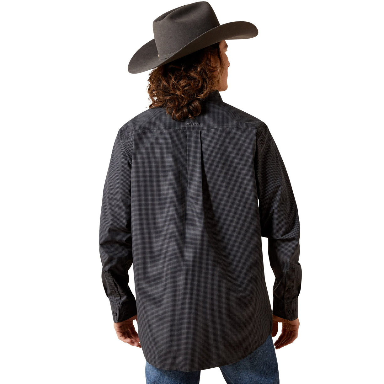 Person wearing a dark gray long-sleeve shirt and cowboy hat on a white background
