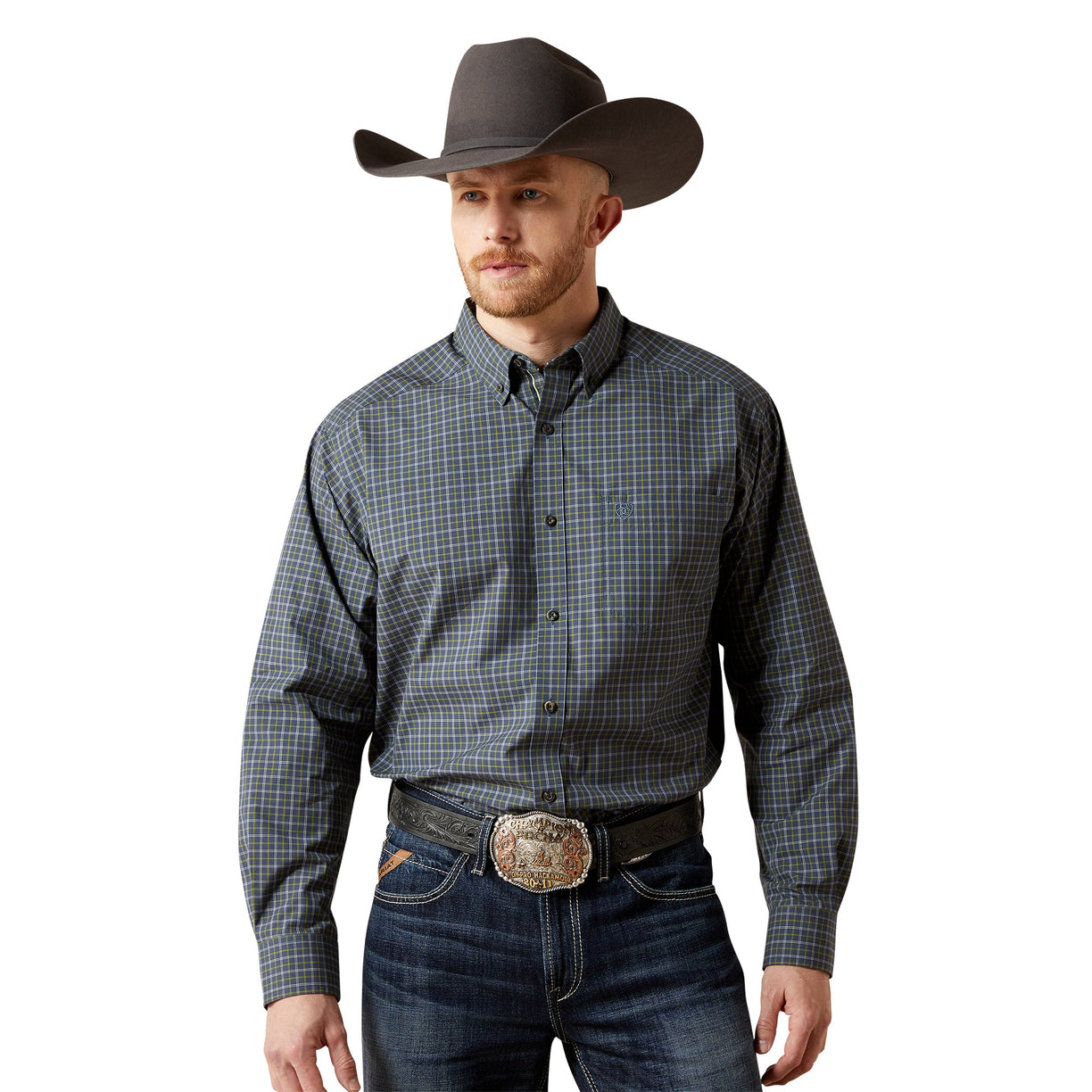 Man wearing a plaid shirt, jeans, and a cowboy hat on a white background
