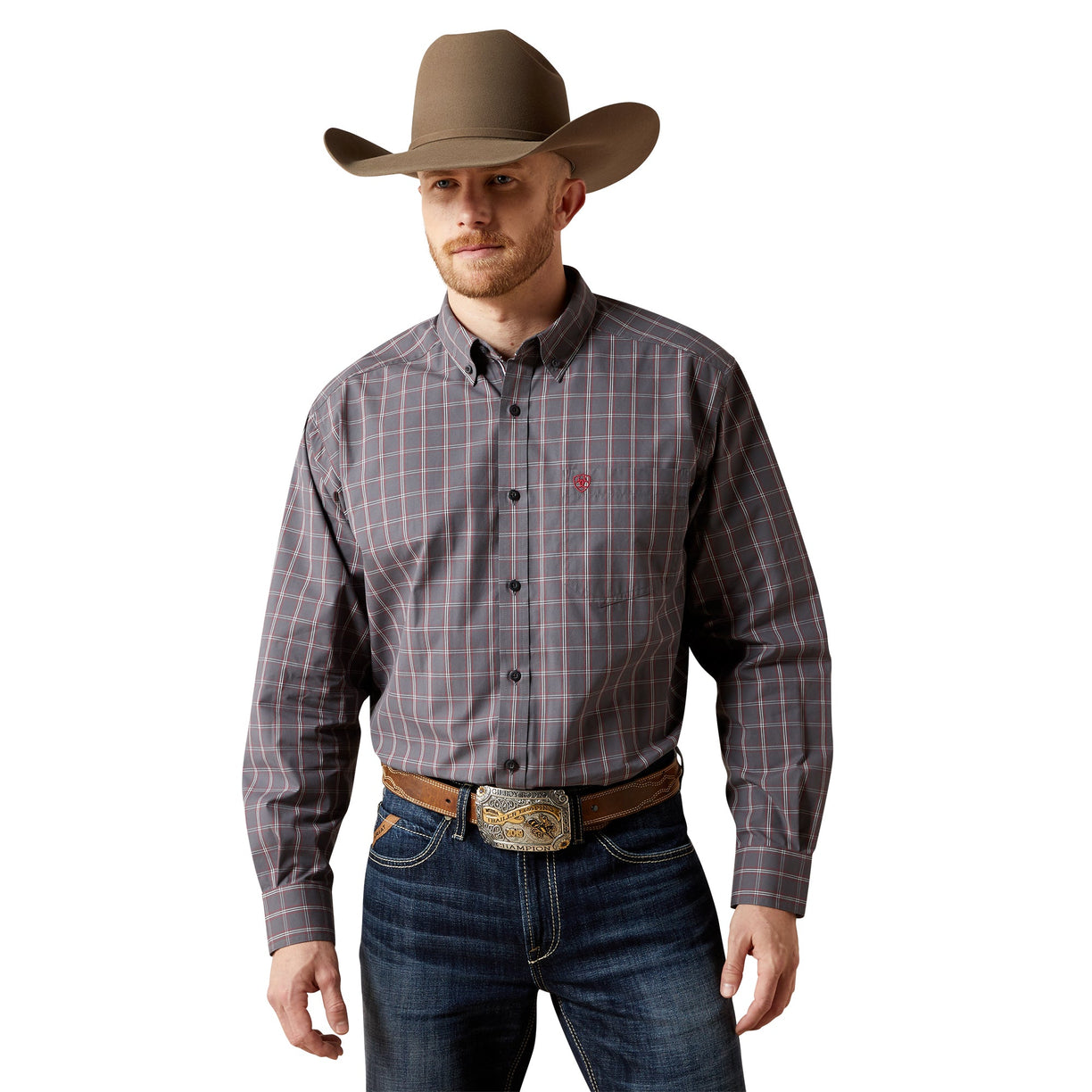 Man wearing a plaid shirt, jeans, and a cowboy hat on a white background