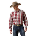 Man wearing a red plaid shirt, blue jeans, and a cowboy hat on a white background