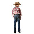 Person wearing a plaid shirt, jeans, and a cowboy hat on a white background