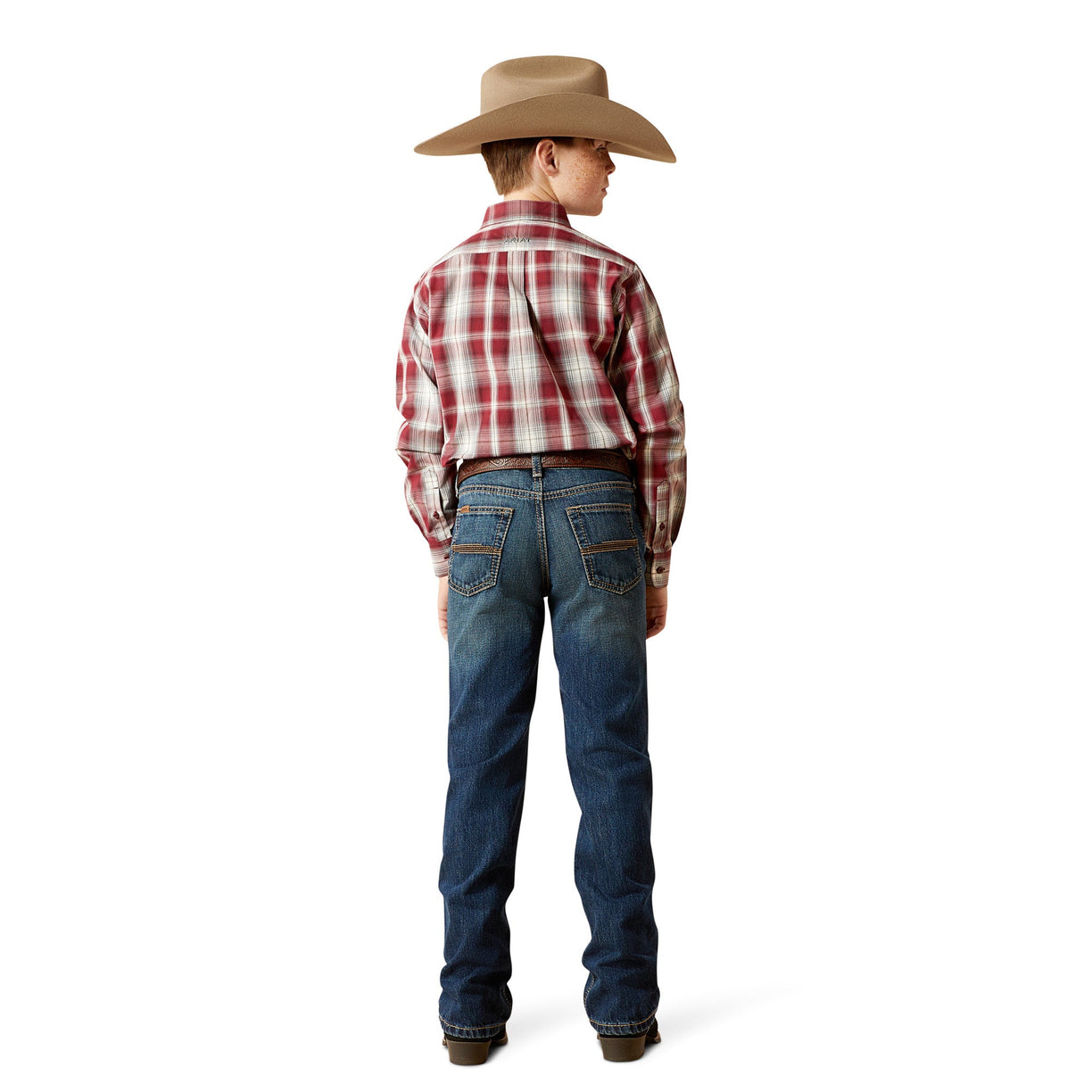 Person wearing a plaid shirt, jeans, and a cowboy hat on a white background