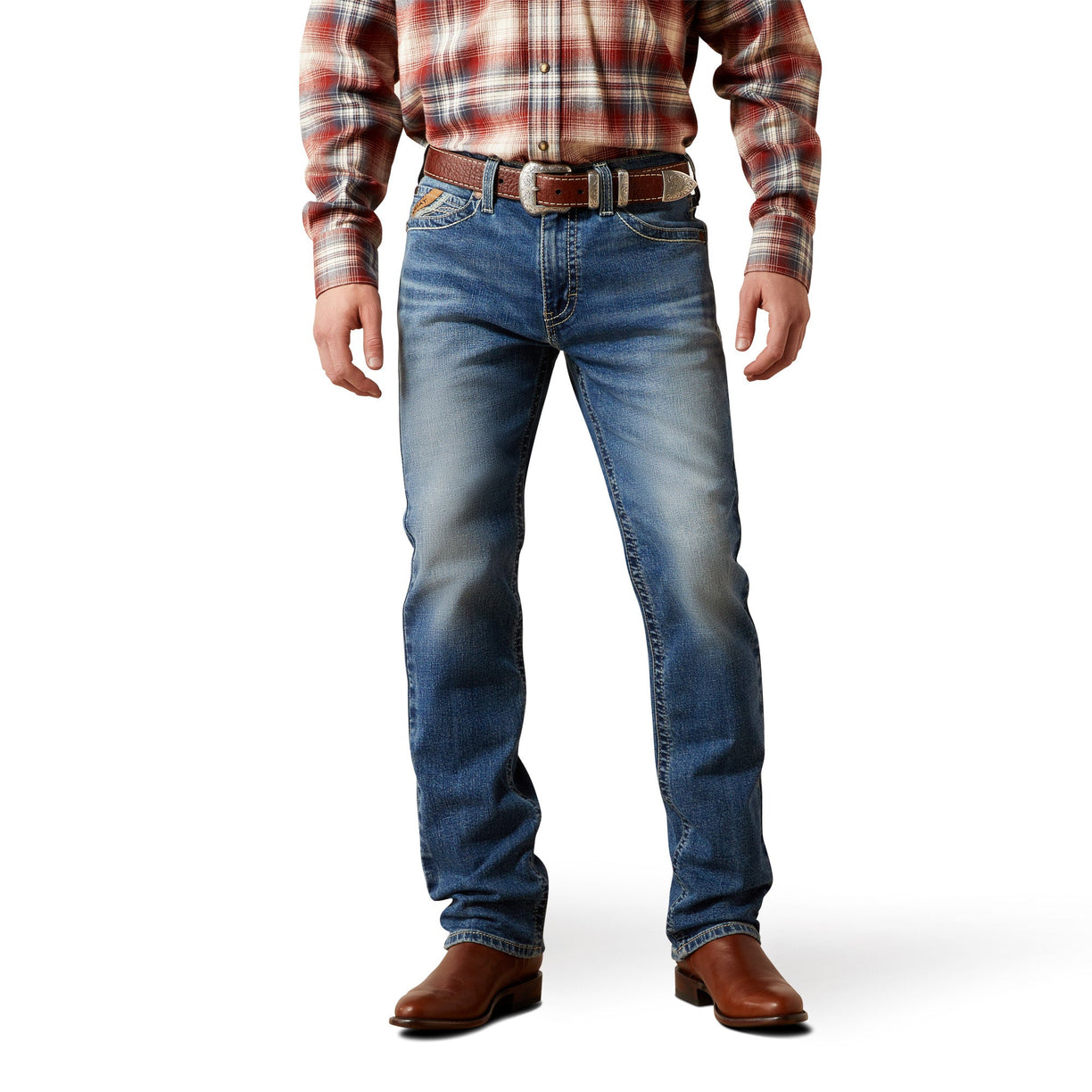 Person wearing blue jeans and a plaid shirt on a white background